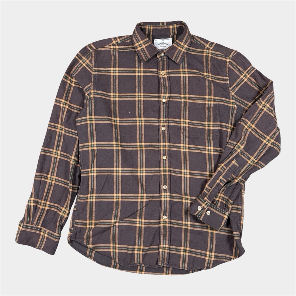 Portuguese Flannel Shirt Mens Sz L Check Master Craftsmen Button Up Brown Plaid